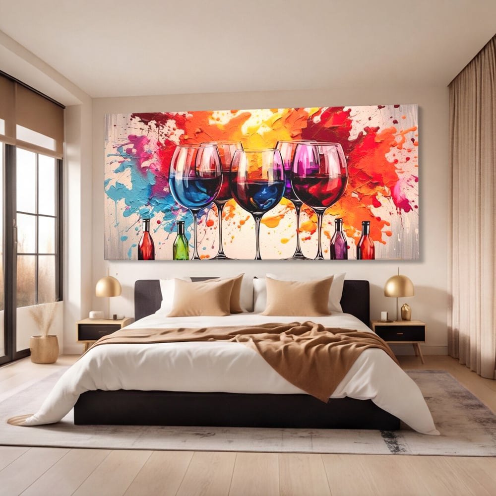 Tablou canvas cu pictura cu pahare de vin si pete, fara rama, pe sasiu de lemn, pe perete intr-un dormitor